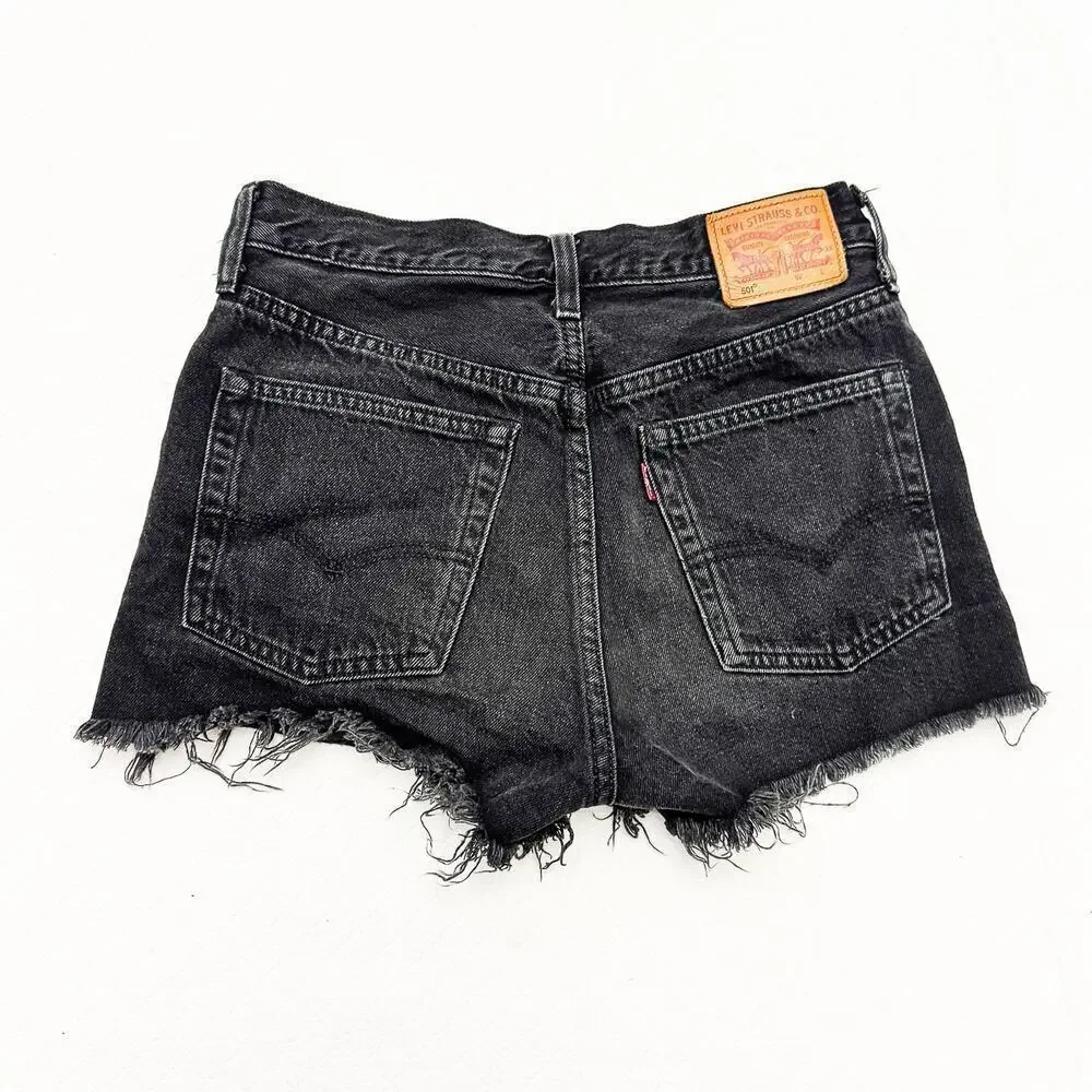 Levi's 501 Button Fly Black Charcoal Denim Cutoff Shorts Raw Hem Size 25